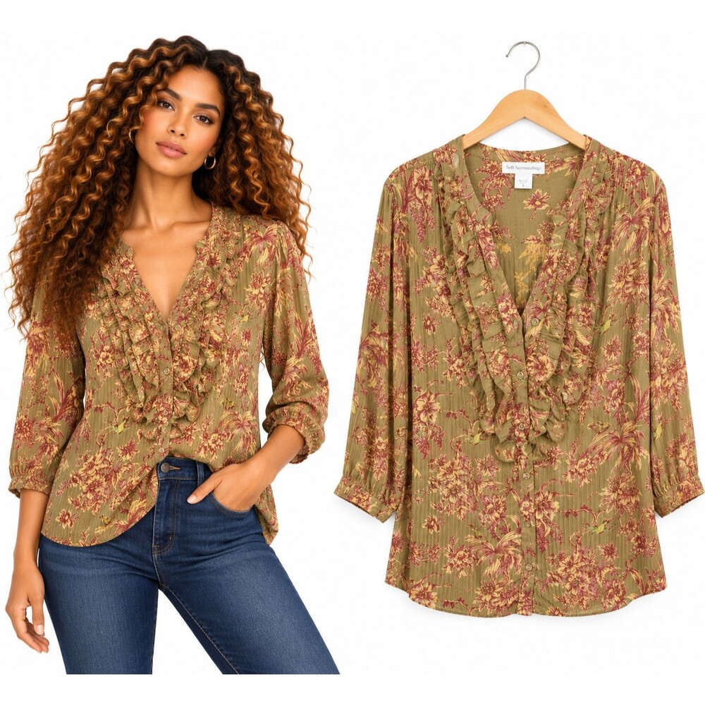 Soft Surroundings Ruffle Front Blouse Top Size Medium Moss Green Floral Print